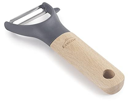 LACOR 68198 Pelador de Patatas, Fruta y Verdura, Mango de Madera de Haya, Cuchilla Dentado en Acero Inoxidable, Cabezal en Polipropileno y Fibra de Vidrio, Libre de BPA, 14 cm, Gris