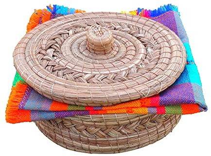 MEXTEQUIL - Authentic Mexican Tortilla Warmer Basket - Pine Needle Handwoven with Handloomed Cloth (Natural 8 w cloth)