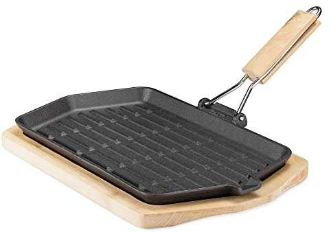 Navaris Sizzling Cast Iron Skillet Set - Fajita Grill Pan with Removable Handle for Fajitas, Steak, Sizzler Dishes 34 x 20.5cm - Includes Wood Trivet