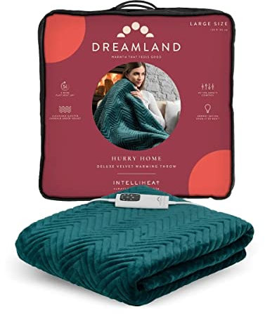 Dreamland Hurry Home Heated Throw – Emerald Green Quilted Herringbone – Deluxe Velvet Electric Blanket Perfect for bed and Sofa, Fast Heating, Machine Washable, Detachable Control, Timer, 160x120cm