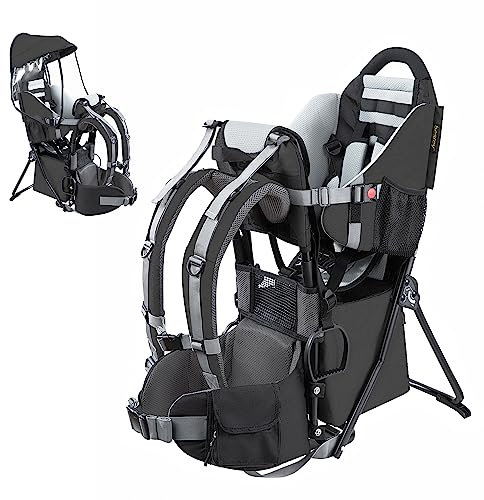 besrey Kraxe Kindertrage mit Aufbewahrungstasche, tragbare Kinderrückentrage für Reise, Kinderkraxe wandern für 6-36 Monate, Tragesitz bis 18 kg, zusammenklappbare