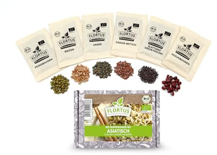 FLORTUS BIO Sprossen Set Asiatisch mit 6 Sorten Keimsaat | Daikon-Rettich, Mungbohne, Weizen, Adzukibohnen, Blattsenf | Sprossen & Microgreens Starter Set | Sprossen Samen | Sprossen selber ziehen
