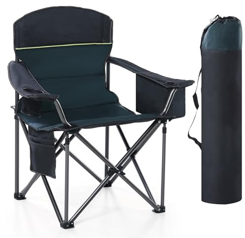 HIGH POINT SPORTS Campingstuhl Faltbar Angelstuhl Gepolstert mit Getränkehaltern Klappstuhl mit Armlehnen bis 200kg Outdoorstuhl, Grün