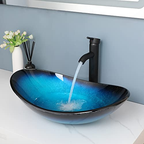 HM HomeMieco Blå härdat glas kärl handfat med kran och avlopp 58 cm ovalt badrum handfat ovanför diskbänken, badrum handfat skål handfat