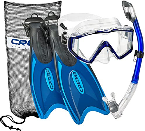 Cressi Italienisches Design Panoramablick gehärtetes Glas Linse Schnorchelmaske Trockenschnorchel Palau Lange Schnorchelflosse Maske Fin Schnorchelset mit Tragetasche für Damen und Herren, Blau