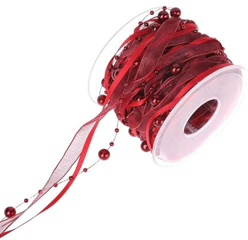 SYSUII 2 Rollen 10M Künstliche Perlenband Chiffon-Band mit Organza Perlengirlande Spitzenband Geschenkband Dekoband für Hochzeit,Blume,Weihnachtsbaum,Dekoration,Nähen, Basteln,Verpackung- Weinrot