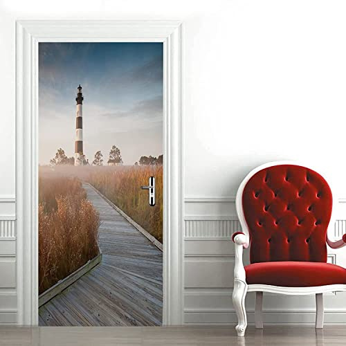 3D Türaufkleber 80 X 200 Cm Türtapete Selbstklebend Türposter - Leuchtturm Holzbrückenlandschaft Fototapete Türfolie Poster Tapete Meer Aufkleber Diy Selbstklebende Wandbild Pvc Wasserdichte Tapete