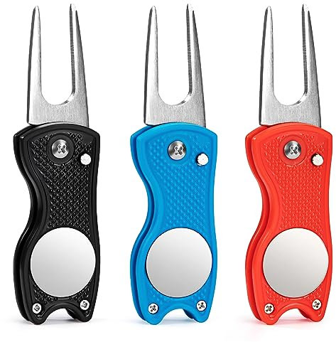 MoonSing Golf Pitchgabel, 3 Stück Edelstahl Golf Reparatur Pitchgabel Klappbar, Golf Divot Tool mit Pop-up-Taste und Ball Marker, Switchblade Reparaturzubehör für Club-Sport im Freien und Geschenk
