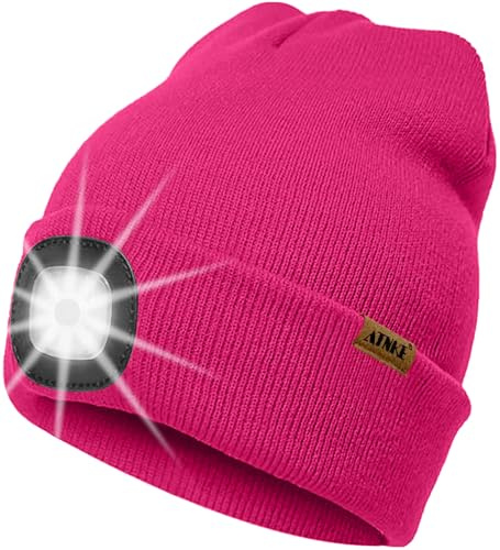 ATNKE LED Beleuchtete Mütze mit Licht,Wiederaufladbare USB 4 LED Beleuchtete Laufmütze Extrem Heller Lampe Winter Warme Stricken Mütze Technik Geschenke für Herren und Damen
