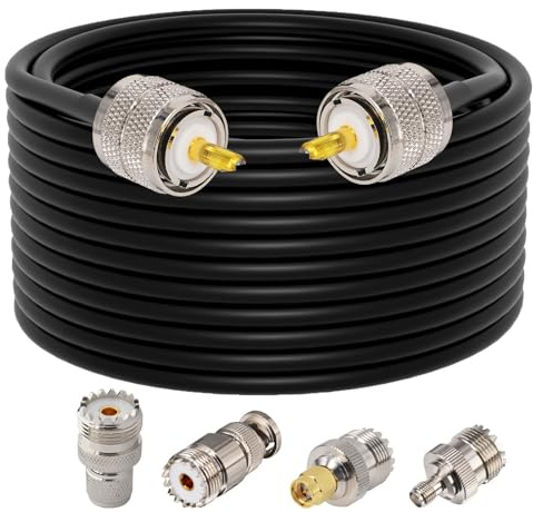 YILIANDUO Câble UHF PL259 Mâle-Mâle 15m RG58 + 4 Adaptateurs pour CB/HAM | Câble Rallonge Antenne CB + adaptateurs UHF vers SMA/BNC/MiniUHF. Pour SWR, VHF, scanner et radio amateur.