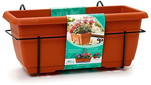 Acan Tradineur Jardinière de balcon avec soucoupe intégrée et support métallique, en plastique, 8 litres, 17 x 40 x 19,5 cm, marron