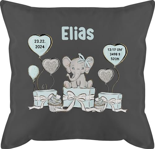 Kissen 50x50 - Baby Geschenk zur Geburt Jungen Elefant personalisiert Name Geburtsdaten Taufe - 50 x 50 cm - Grau - geburtskissen Geschenke Neugeborene Geburtsgeschenk kopfkissen