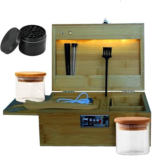 SIDUISDH Großes Bambus Box, Abschließbare Box Set mit Zahlenschloss, Abnehmbarem Tablett und alles Zubehör﻿﻿