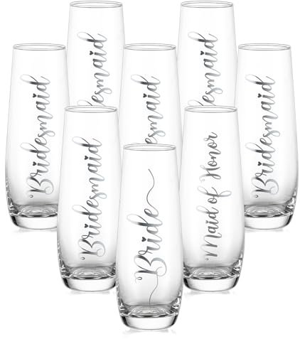 NUPTIO Sektgläser Becher Geschenk Hochzeit: Satz von 8 Gravur Gläser Bride Bridesmaid Trauzeugin Champagner Prosecco Glasses Silber Tumbler Party Champagnerglas Sektflöten Gift Stemless