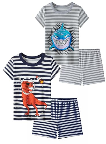 Boys Pyjama Set Short Sleeve Dinosaur Shark T-Shirt & Shorts Loungewear Striped PJs for Kids Sleepwear Pyjama Nightwear 5-6 Years