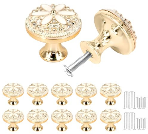 Misuyue Möbelknöpfe, Knöpfe für Schränke, 30mm Schick Schrankknöpfe Vintage mit Dekorative Blumenmuster, 10 Stück Türknöpfe - Golden+Weiß