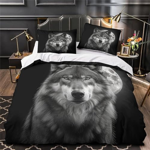 Bettwäsche 140x200 Bettbezug Winter Bettwäsche-Sets Wolf 3D Muster Weich Baby bettwäsche Set Hypoallergen Kinder bettwäsche mit 2 Kissenbezüge 80x80 cm