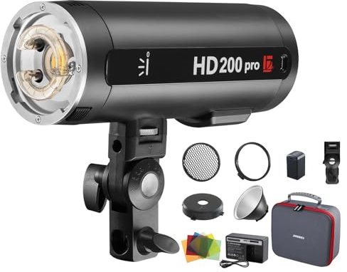 HD-200pro Lampe Flash Stroboscopique Portable Alimentée par Batterie 5500K±150K 2.4G avec Lampe Pilote LED 15W 0.05～1.3S Temps de Recharge pour la Photographie en Extérieur