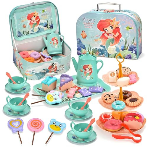 yozhch Tea Party Toy Set with Cupcakes, Tray, Kids Tea Set for Girls Party Toddlers Role Play Boys Pretend Kitchen Food Toys Playsets, Children's Birthday Gifts, Green (Mermaids)