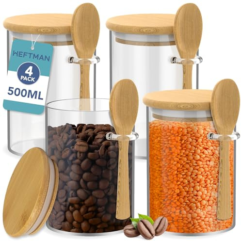 HEFTMAN Tarros de vidrio con tapas de bambú, 500 ml, paquete de 4 tarros de almacenamiento de vidrio con tapas, sello hermético de silicona y cucharas, ideal para café, azúcar, especias, estación de