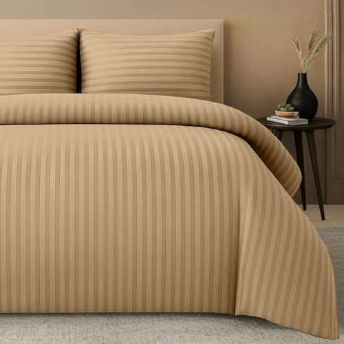 Pamposh Set di biancheria da letto in raso, per letti matrimoniali, a righe, in microfibra ultra morbida anallergica, per hotel