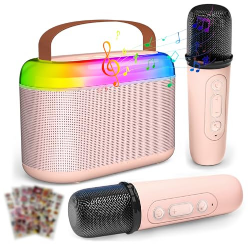 TiMOVO Karaoke Maschine für Kinder, Mini tragbare Bluetooth,Lautsprecher mit 2 drahtlosen Mikrofon und LED-Leuchten, Spielzeug Geburtstagsgeschenke mit Aufklebern für Mädchen Jungen Familie Home Party