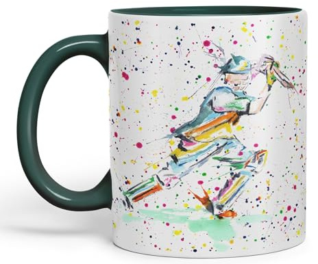 Vixar Cricket Sport Sportsmen Watercolour Ceramic Coloured Mug Cup for Tea Coffee Hot Brew 330ml 11Oz Gift (D Green)