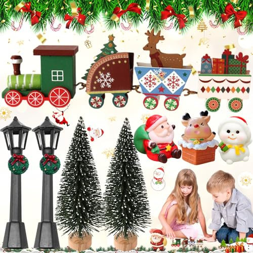 dcas 8 Stücke Mini Holz Weihnachten Zug Set, Weihnachtsbaum Zug Schneemann Dekoration, Wichteltür Zubehör Weihnachten Für Kinder, Mini Weihnachten Zug Deko Geschenke Für Xmas Party