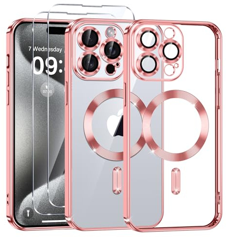 Phoona Cover Placcatura per iPhone 15 Pro 6,1 Pollici, Obiettivo per Fotocamera Protezione Completa e 2 × vetro temperato, Compatibile con MagSafe Ricarica Wireless, Protezione Militare, Rosa