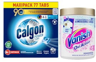 Calgon 4 in 1 Power Tabs - Wasserenthärter gegen Kalkablagerungen - 77 Tabs & Vanish Oxi Action Powerweiss Fleckenentferner Pulver 550g – Fleckenentferner und Wäsche-Booster Pulver ohne Chlor