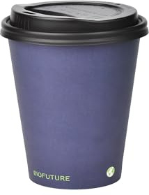 BIOFUTURE Lot de 50 tasses à café biodégradables – Bleu – Jetables – Gobelets en carton de 177 ml avec couvercles – Respectueux de l'environnement et 100 % compostables – Idéal pour le thé, le café et