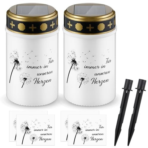 Nezyo 2 Pezzi Candele Solari per Cimitero da Esterno Lampada Commemorativa Solare Lampada da Tomba Luci per Tomba Candele Cimiteriali Impermeabili (Bianco, Dente di Leone)