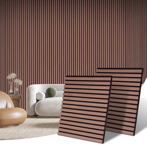 DOLLAR BOSS Ultra-acoustic Wood Slat Panels 2 Pcs 23.6 x 23.6 Sound Absorbing Wall Panels with Soundproof Barrier, 3D Fluted Wood Finish Wall Paneling, Walnut