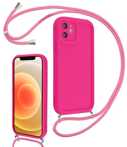 Coalbooliy Cover per iPhone 12 mini 5,4 con Cordino per Cellulare, Custodia Silicone con Regolabile Collana Sottile Morbida Case Protezione della fotocamera Antiurto con Necklace, Rosa Rossa