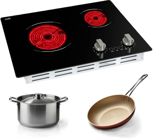 21 Inch 2 Burners Electric Cooktop 3700W Apartment Electric Stove Top Double Radiant, UL Certified, 9 Heating Level Knob Control, Overheating Protection, 110V-240V Ceramic Glass Cooktop
