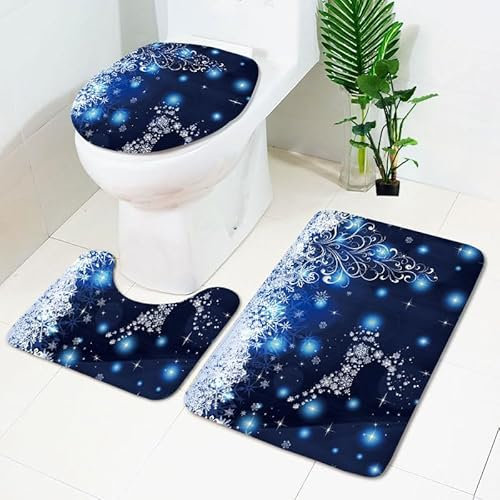 Bad Teppiche Set Navyblaue Weihnachten Badezimmerteppich Waschbar WC Vorleger mit Ausschnitt und WC Deckelbezug 3 Teilig Badematte rutschfest Toilettensitzbezug Badgarnitur 45x75 cm