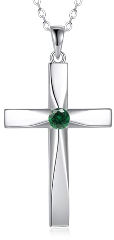 ONEFINITY Kreuz Halskette 925 Sterling Silber Origami Kreuz Geburtsstein Anhänger Halskette Religiöses Kreuz Schmuck Geschenke für Frauen(Mai)