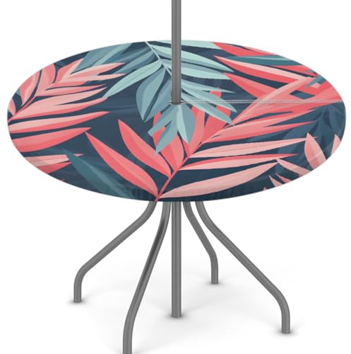 Mexpekil Nappe ronde avec motif feuilles de palmier rouges, imperméable, résistante à l'huile avec trou pour parasol et fermeture éclair, pour pique-nique, jardin, extérieur, 114,3 à 142,2 cm