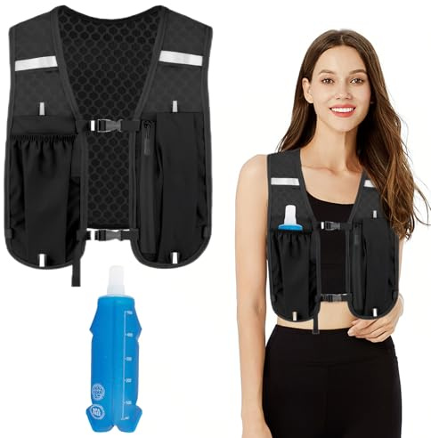 Laufweste Damen,Laufweste Herren,Schwarz Running Vest mit Trinkflasche,Laufrucksack,Tinkrucksack Laufen,Wasserdicht,Reflektierend,für Laufen,Cross-Country,Marathon,Camping(Mit 500ml Soft-Trinkflasche)