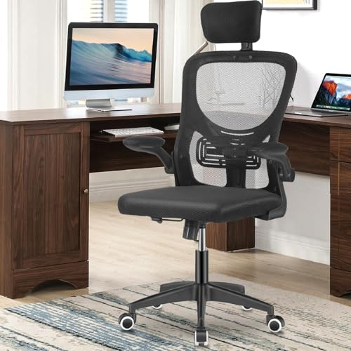 Oyajia Ergonomischer Bürostuhl mit Kopfstütze und Lendenwirbelstütze, Schreibtischstuhl Liegefunktion mit Armlehne, 10cm Höhenverstellbar, 360° Drehstuhl Office Chair für Zuhause/Büro, Schwarz