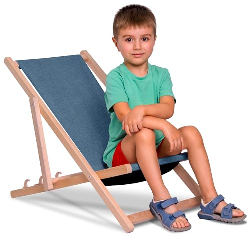 DreamRoots Kinder Liegestuhl Holz klappbar, Leinenoptik, Denim Dream