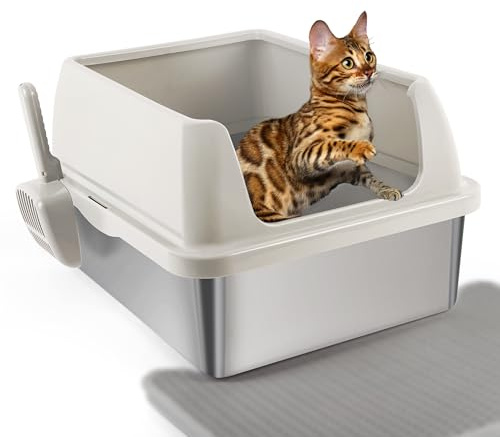 Alles für Pfoten Edelstahl Katze Müll Box mit Müll Matte, 53cm große Metall Müll Pan Tray mit hohen Wandseiten, Geruchlos, Non-Stick, Leckdichte
