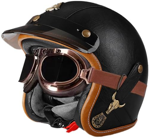 Casque Moto Vintage Casques Jet avec Visière Casques Bols Casque Mobylette avec Lunettes Homologué Dot/ECE Rétro Demi Casque Moto Vélo Scooter Chopper pour Adultes Homme Et Femme 2,S