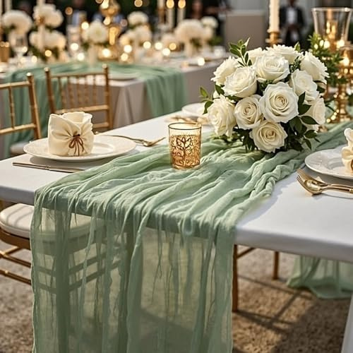 FAVE 1 stück Tischläufer Salbeigrün 300 cm aus Mullstoff, Babybauchfeier Hochzeitsdeko, Gauze Tischdeko für Boho Party, Bankett Tischdekoration