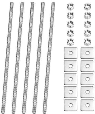 PATIKIL 5 Pcs Varilla Roscada Completa, M5 x 150mm Acero Inox 304 Barra Roscada Diestra Larga Con Tuercas Y Arandelas Cuadradas Para Abrazaderas Tuberías Colgadores Y Pernos En U