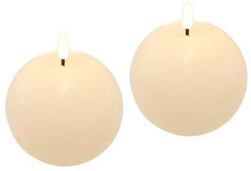 LED Kugelkerzen 2er Set aus Echtwachs batteriebetrieben 11cm realistische Flamme mit Timerfunktion runde Dekokerzen für Adventskranz Kranz einzeln Echtwachskerze Flackernd Stumpenkerze Adventskerzen