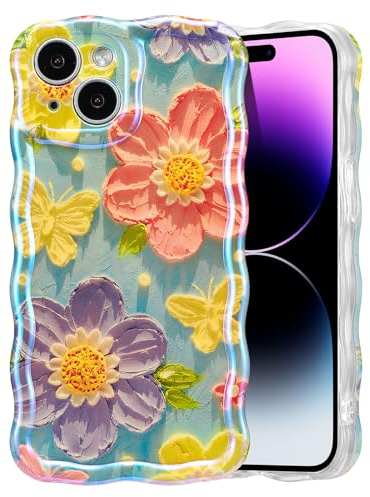 EYZUTAK Telefonskal för iPhone 15, färgglad vintage oljemålning blomma glänsande telefonfodral lockigt vågram TPU-fodral slitstarkt ränder skyddsfodral - fjäril blomma