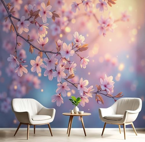 ANALTIRCE Papier Peint Panoramique Cerisiers Fleurs Pleine Floraison, Papier Peint Mural Photo Motif Printemps Fleurs, Tapisserie Panoramique Salon Rose, Décoration Murale Chambre, 200×140 cm