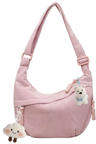 Sac Messager En Velours Côtelé, Sac a Main Femme Bandouliere, Velours Côtelé, Bretelles Réglables, Avec 2 Pendentifs De Poupée, Grande Capacité, Convient Pour Le Travail, Les Voyages, l'École (Rose)