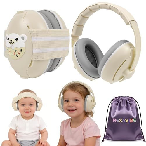 NEXAVIBE Baby öronmuffar, 2-i-1 brusreducerande hörlurar, hörselskydd i 0-48 månader, justerbart pannband, BEIgE, One Size